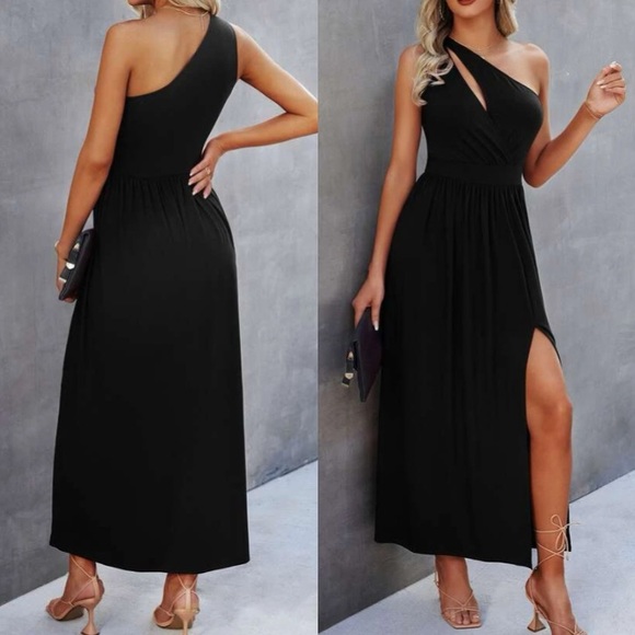 Black cut out white me shoulder slit thigh maxi dress - Picture 2 of 4